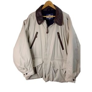 Vintage RARE Bugle Boy Mens‎ XL Jacket Coat Leather Trim Wool Cotton Beige Heavy